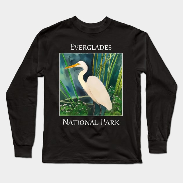 Great white egret standing in the water at Everglades National Park in Florida Long Sleeve T-Shirt by WelshDesigns